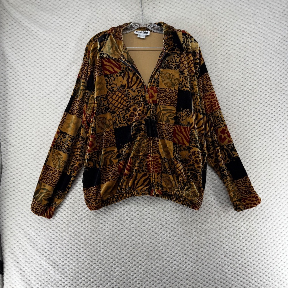 Vintage Joan Leslie Jacket Velvet‎ Patchwork Bomber Women Animal Leaf Print M